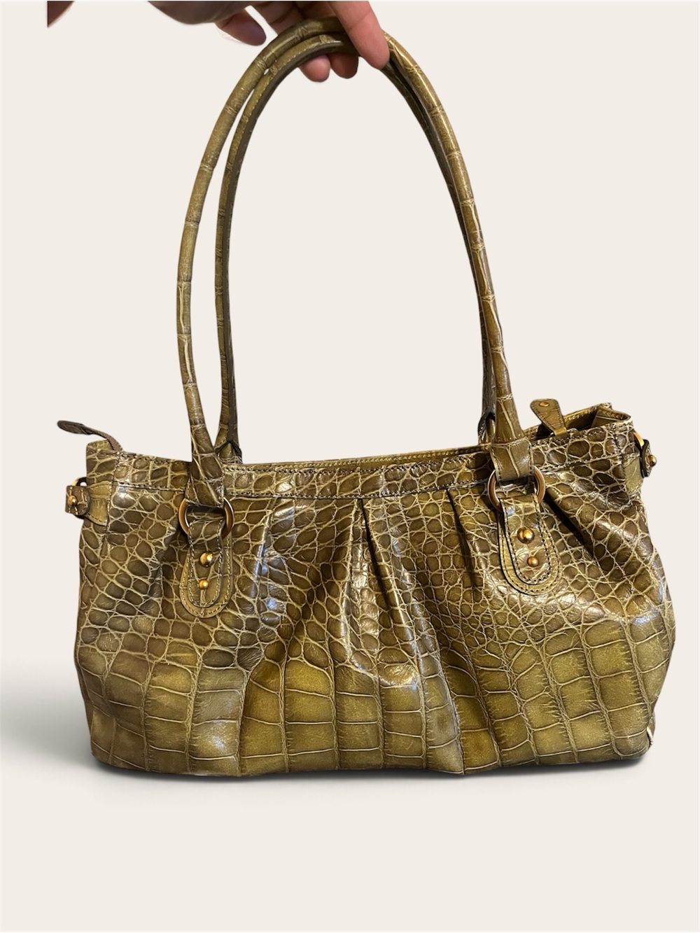Brahmin Y2K Olive Croc-Embossed Shoulder Bag with Gold Hardware